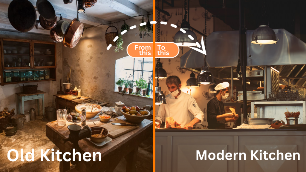 Gambar yang menggambarkan tantangan dapur modern dengan tampilan dapur minimalis dan peralatan canggih. Meskipun terlihat bersih dan tertata rapi, gambar ini menyoroti kompleksitas dalam pengelolaan peralatan modern, menjaga standar kebersihan, mengoptimalkan alur kerja, dan menyeimbangkan efisiensi energi dengan fungsionalitas. Menunjukkan tekanan untuk mengikuti perkembangan teknologi sambil memastikan dapur tetap efisien dan higienis.